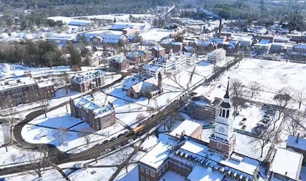 Snowy aerial image of Dartmouth campus.